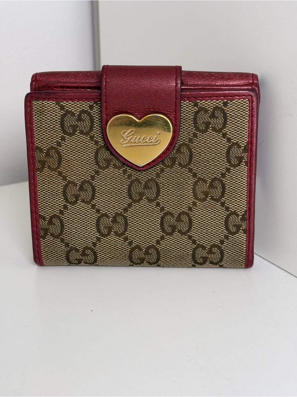 Vintage Gucci Brown GG Canvas Wallet with Burgundy Trim and Gold Heart